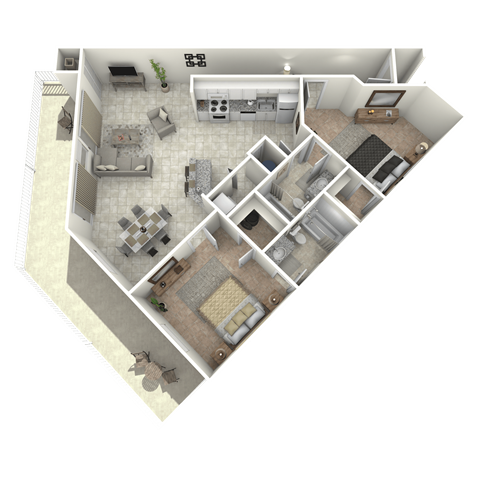 A 3D floor plan of a house with multiple rooms and furniture.